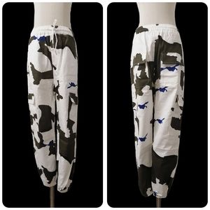 sz:S, white olive pattern denim cargo pants